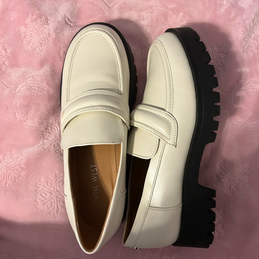 Nine West Ivory Loafers with Black Chunky Soles